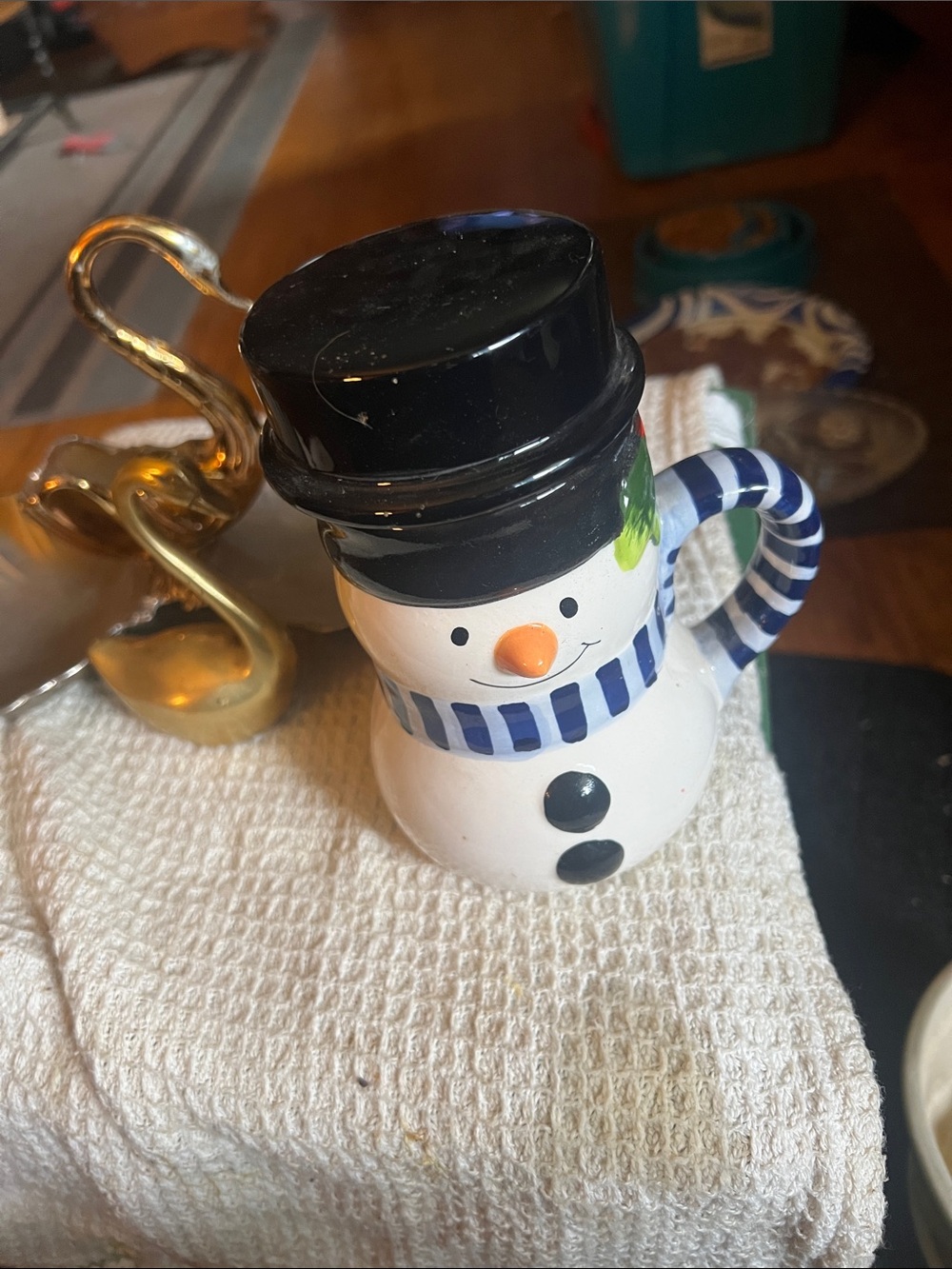Source Unknown Ceramic Snowman Pitcher in White, Black, Blue and Orange